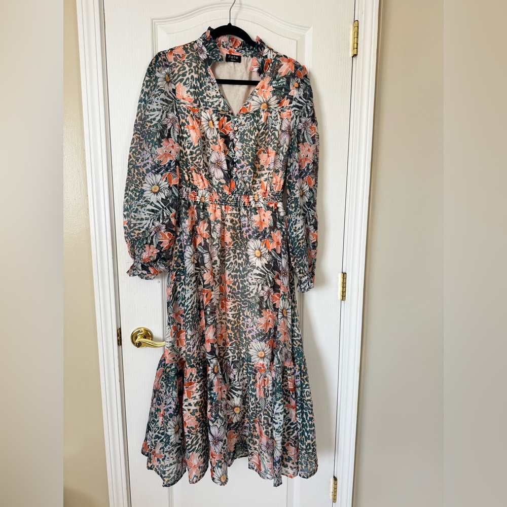 Fate Floral Midi Dress Size Medium Long Sleeve Smocked Waist